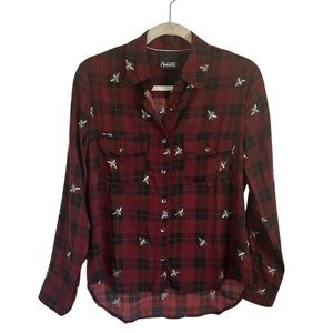 Nanette Lepore Red Plaid Embroidered Bee Button Up Blouse Womens Sz Medium NWT